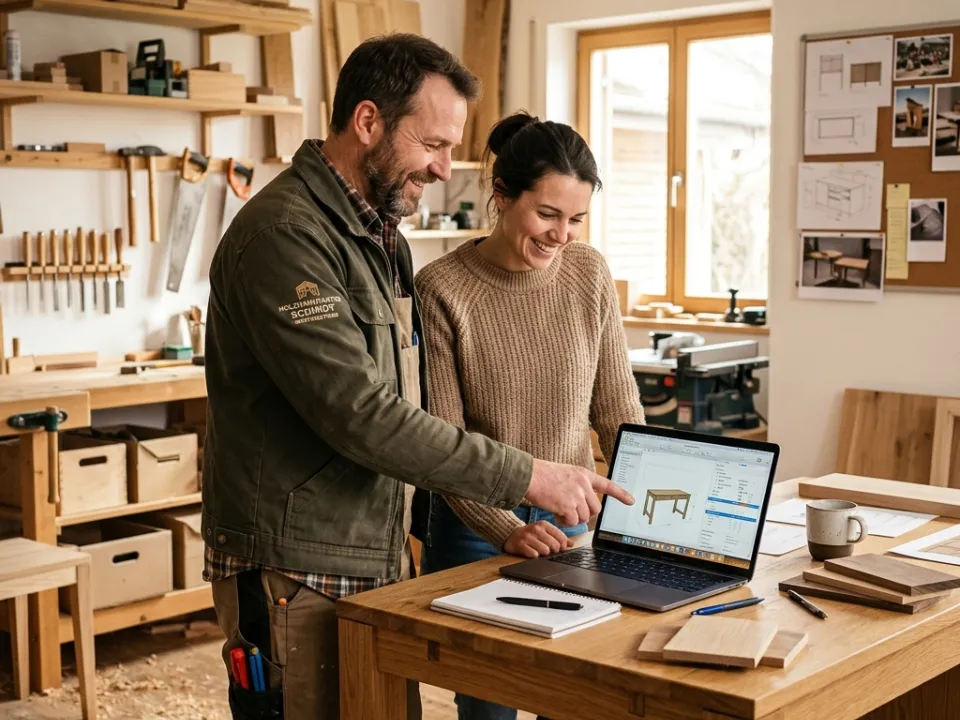 Handwerker und Frau betrachten lächelnd einen Laptop mit einem Holzmöbel-Entwurf.