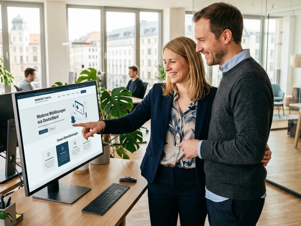 Zwei lächelnde Personen stehen im Büro vor einem Monitor und schauen auf die Website.